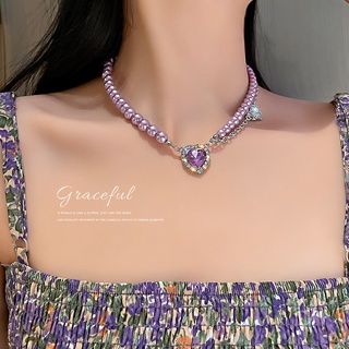 【項鍊項飾】奢華愛心紫水晶優雅珍珠鎖骨項鍊小眾設計感裝飾配飾潮女生項鍊