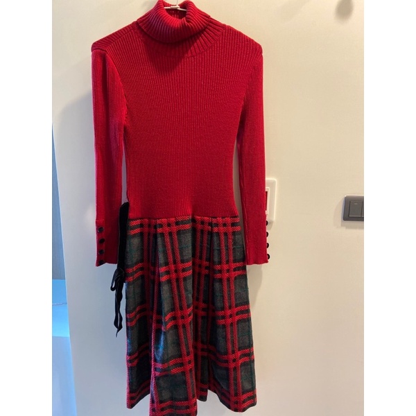 m’s gracy紅針織上衣拼紅綠格子裙洋裝