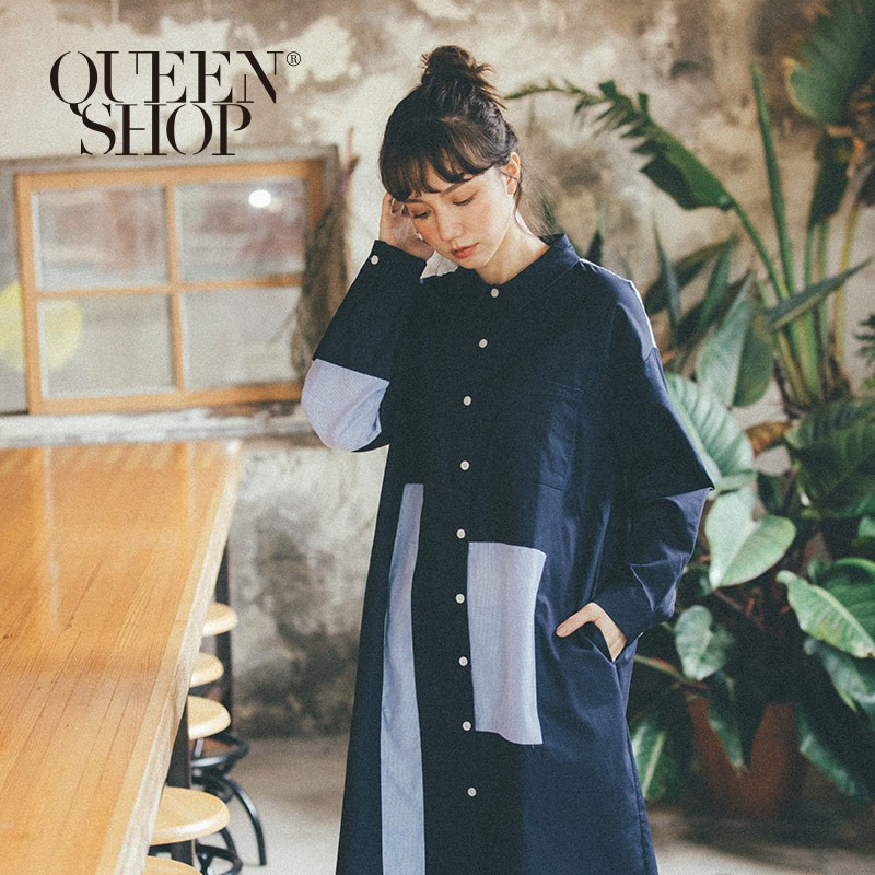 QUEENSHOP【01023267】色塊拼接造型排釦長版襯衫＊現+預＊