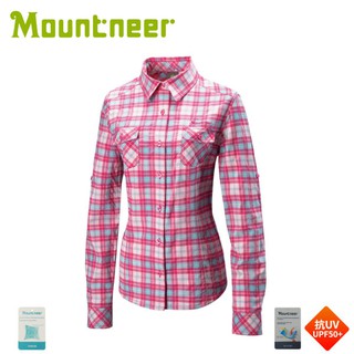 【Mountneer 山林 女 彈性抗UV格子長袖襯衫《深桃紅》】31B06/防曬長袖/薄襯衫/防曬長袖/悠遊山水
