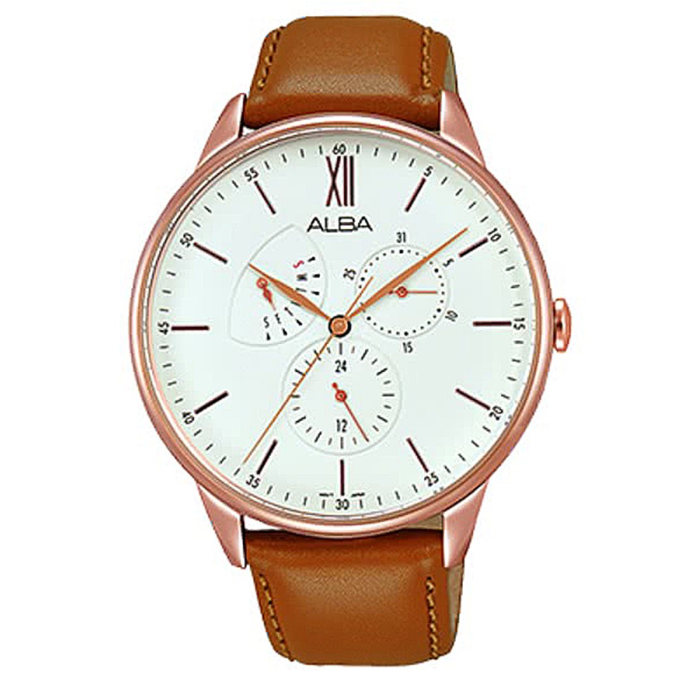 ALBA / VH88-X002J.AZ8010X1 / 經典商務休閒三環藍寶石水晶玻璃牛皮手錶SK006