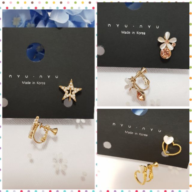 正韓 韓國耳環 nyunyu 星星造型 貓眼石花朵水晶 愛心造型 耳夾式耳環