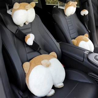 【新款車抱 枕靠枕 北歐風波浪紋純色毛絨抱枕套】卡通柯基汽車頭枕腰靠套裝可愛創意車用護頸枕頭靠枕座椅靠墊腰墊
