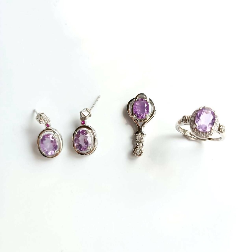 天然紫水晶戒指+耳釘+墜子(不含鏈)三件套組  戒指(活動圍)【琦珍玉寶】