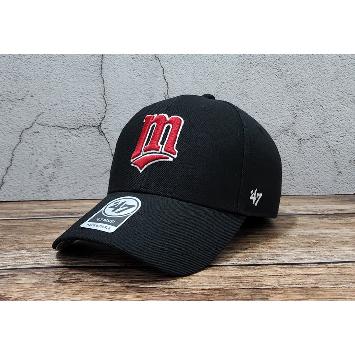 蝦拼殿 47brand  MLB明尼蘇達雙城隊基本款黑色底球隊配色硬板魔鬼氈可調式棒球帽