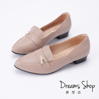 DREAMS SHOP 寬楦_MIT真皮V釦尖頭低跟樂福鞋 芋粉【XJ1015-7】大尺碼女鞋37-45