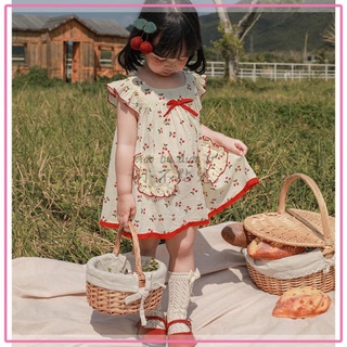 ✨小不點兒✨女童洋裝 裙子夏季2022新款紅色小櫻桃女寶寶純棉韓系時尚復古娃娃裙衣(90碼-120碼）