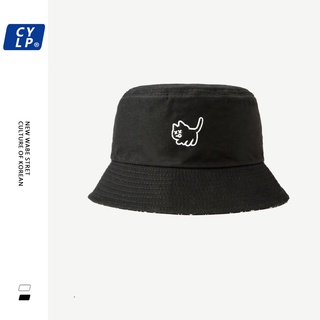 學生帽子女夏季韓版可愛貓咪刺繡雙面漁夫帽情侶黑白盆帽遮陽帽男