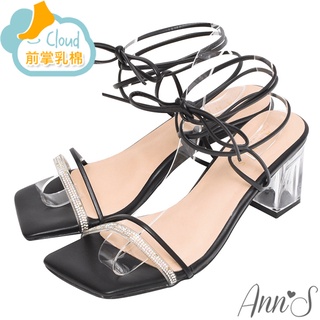 Ann’S夏日玻璃鞋-透明碎鑽一字綁帶粗跟方頭涼鞋-7.5cm-黑