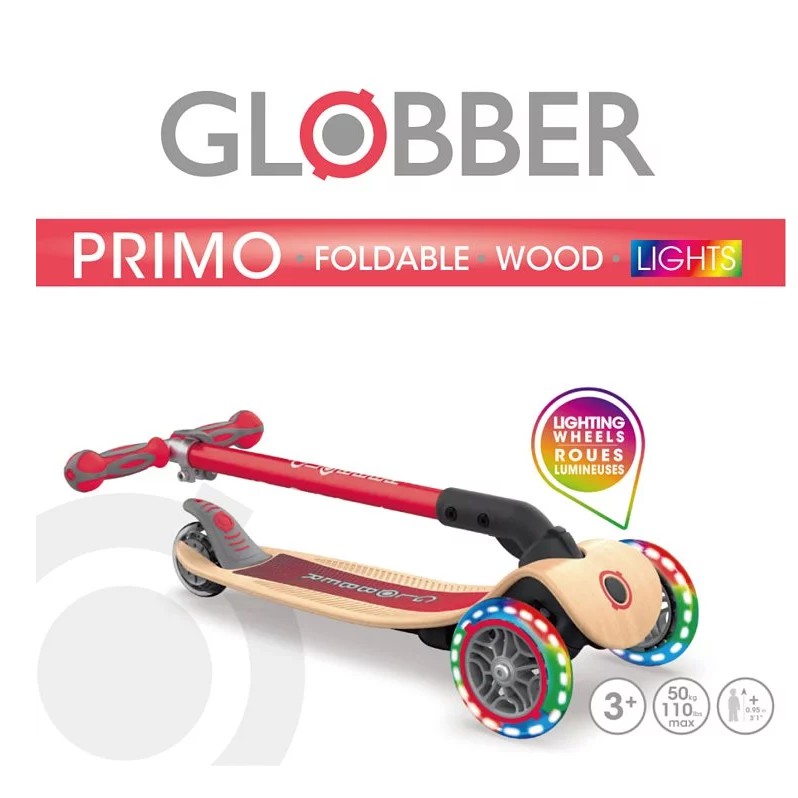 【鐵馬假期】GLOBBER 2合1三輪折疊滑板車木製版(LED發光前輪)-活力紅