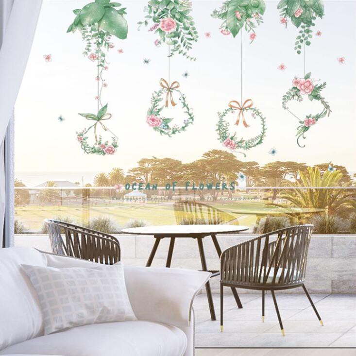 五象設計 壁貼 貼紙 綠葉植物吊花 牆貼 臥室床頭玻璃門裝飾貼