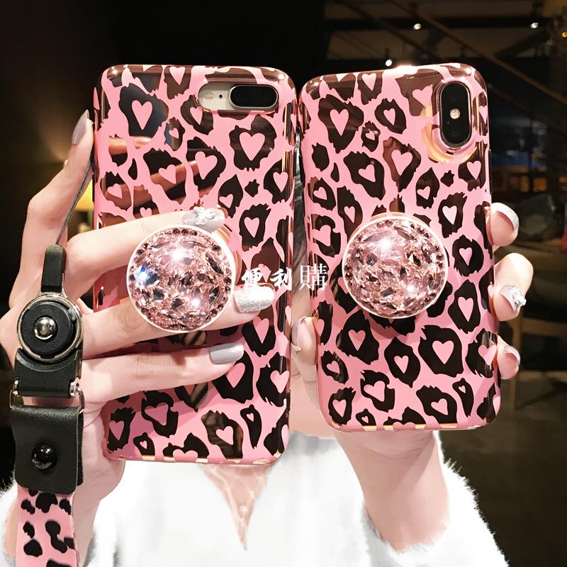 【便利購】粉色水鉆豹紋手機殼適用于蘋果XS MAX電鍍iPhone8plus女款xr掛繩6