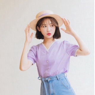 ♡二手衣♡PAZZO♡甜美拼接蕾絲格紋襯衫♡