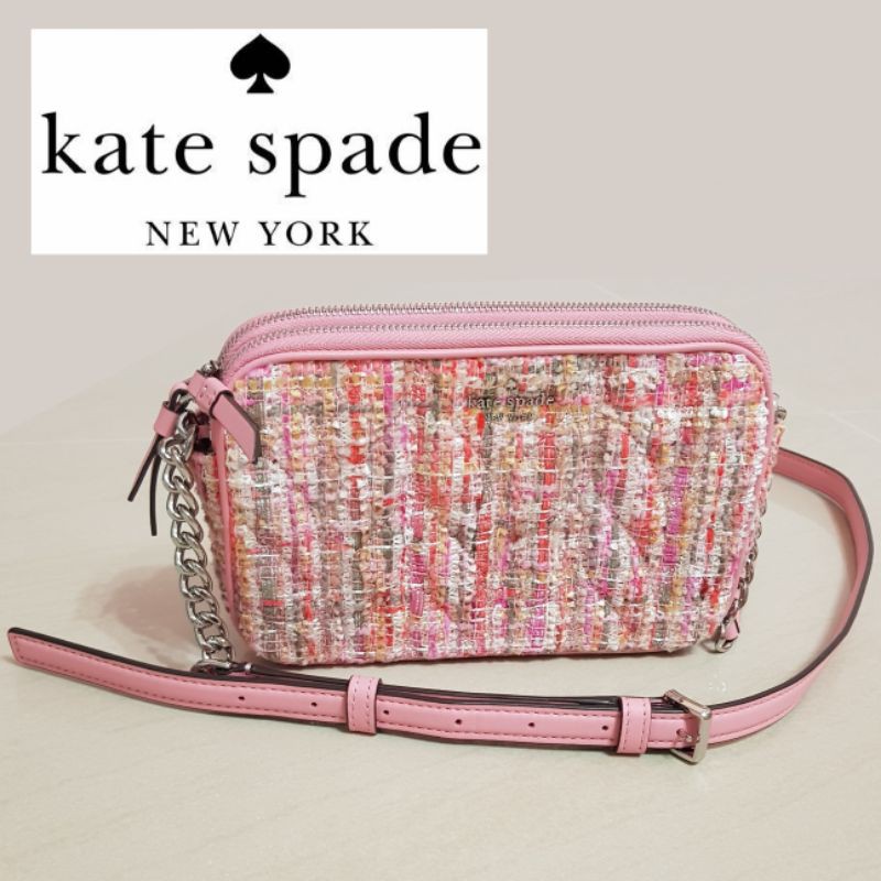 kate Spade國際名品※雙拉鍊毛呢編織紋斜背肩背相機包-粉(現貨)