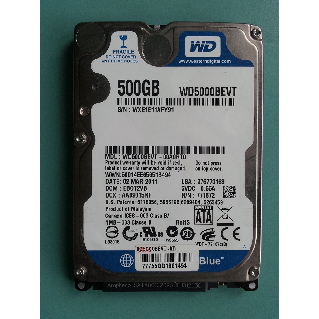 WD藍標 2.5吋SATA 500GB(500G) NB筆電硬碟 WD5000BEVT-00A0RT0 不良 [211]