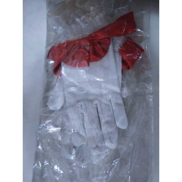 cosplay木之本櫻紅白戰鬥服小櫻手套，白色紅蝴蝶結蕾絲手套，白手套