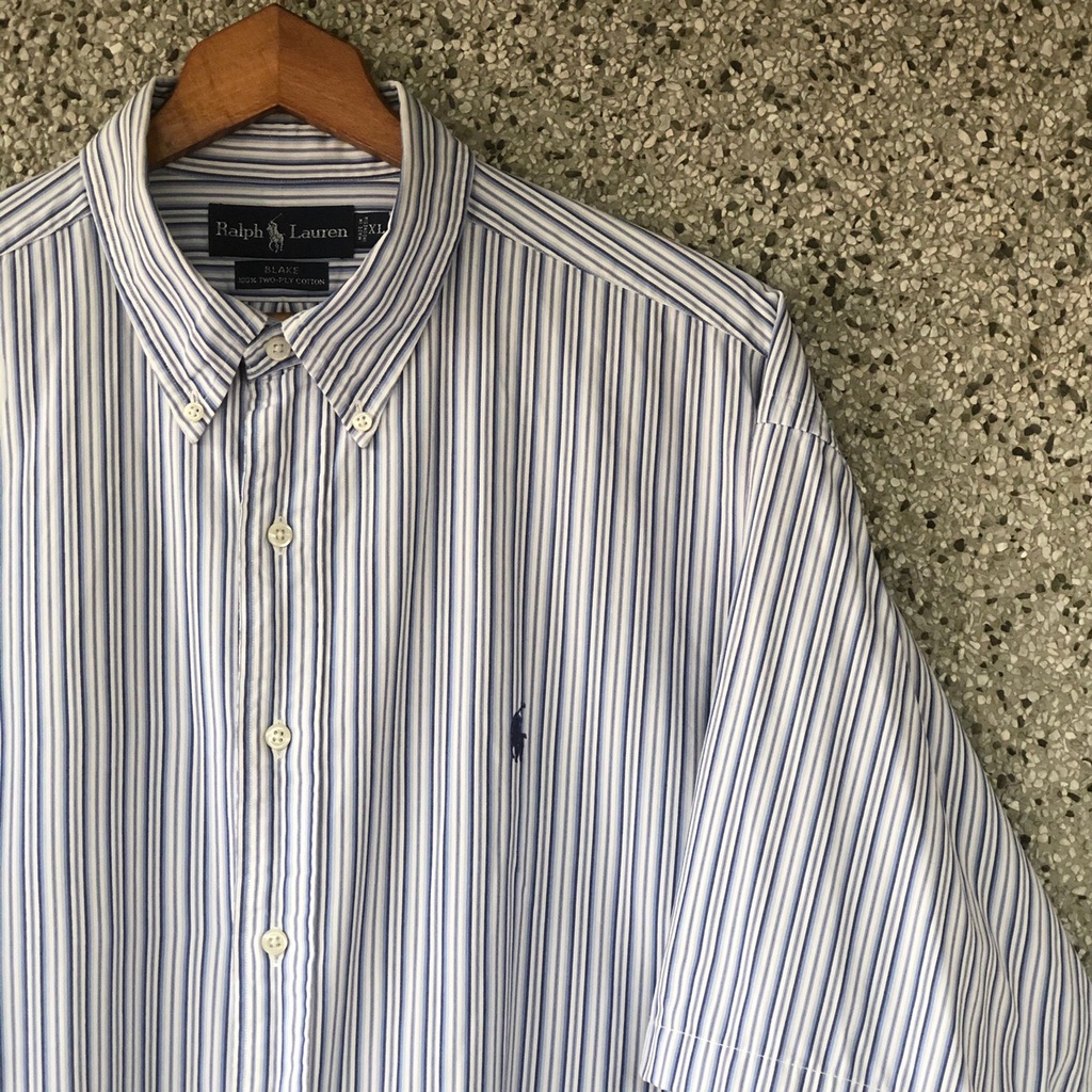 [Oldman Vintage] Polo Ralph Lauren 藍白條紋 深藍標 馬球 古著襯衫 XL P97