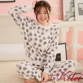 【Kilei】女生睡衣 睡衣套裝 保暖水貂絨 滿版心型兔子二件式水貂絨長袖睡衣組XA3907-01(溫柔米白)全尺碼