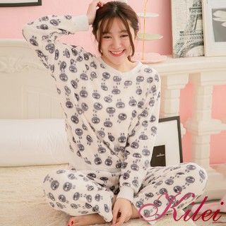 【Kilei】女生睡衣 保暖睡衣 滿版心型兔子二件式水貂絨長袖睡衣組XA3907(溫柔米白)全尺碼