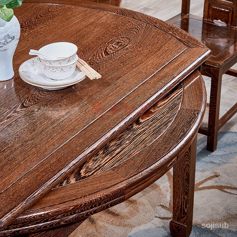 鷄翅木餐桌組閤 可伸縮折疊變形圓桌椅 實木飯桌 小戶型傢用紅木傢具