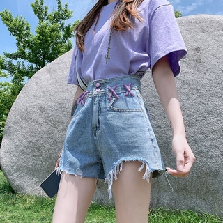 破洞牛仔短褲女夏寬鬆高腰顯瘦百搭白色熱褲
