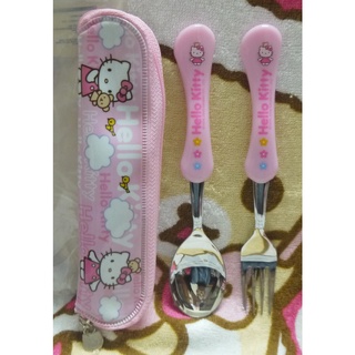 韓版﹝Sanrio﹞ 授權※Hello Kitty凱蒂貓※粉紅色【kitty湯匙+叉子+湯匙袋】三件式餐具組