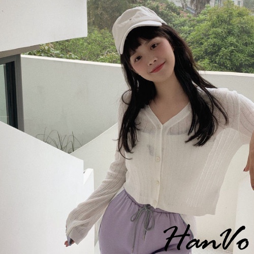 【HanVo】散發仙氣的透膚薄針織外套 甜美百搭針織外套 透氣涼感透膚外套上衣 韓國韓系女裝 女生衣著 1623