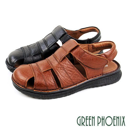 【GREEN PHOENIX】手工縫製簍空全真皮沾黏式平底護趾涼鞋-男款 台灣製 T12-12769