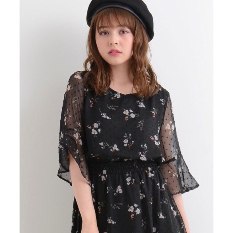 日本majestic legon 黑色雪紡紗小花腰身洋裝連身裙