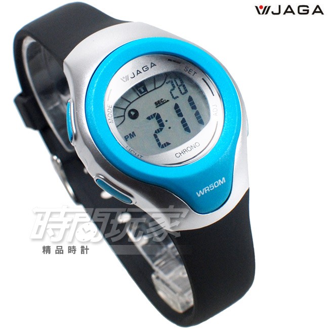 JAGA 捷卡 小巧可愛 多功能時尚 電子錶 女錶 學生錶 計時碼錶 鬧鈴 橡膠錶帶 M1067-AE(黑藍)【時間玩家