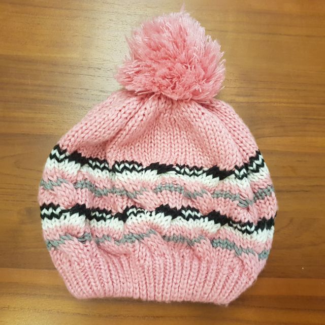 二手~粉紅條紋毛球毛線帽