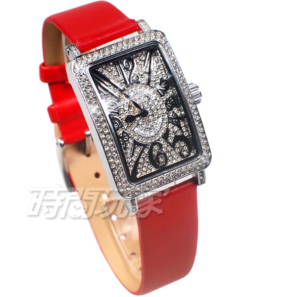 香港古歐 GUOU 閃耀時尚腕錶 滿鑽數字錶 長方型 真皮皮革錶帶 銀x紅 G8201銀紅【時間玩家】