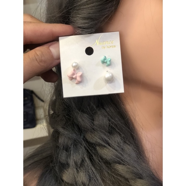 ❤Nuance 銀針耳環❤韓國Nuance 韓國設計品牌/韓國飾品可愛珍珠雙色蝴蝶結貼耳耳環4件組