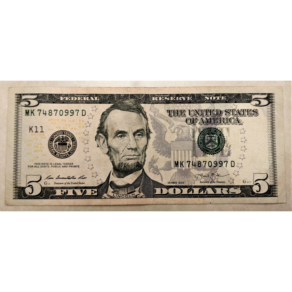 2013年 舊版早期 小頭 美國 5元 Five Dollars 美金 紙鈔