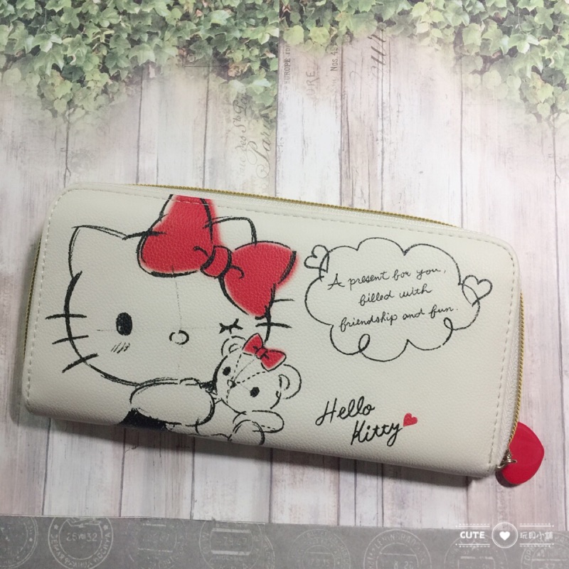 Hello Kitty 塗鴉款米白色錢包 合成皮長夾