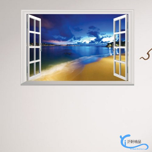藍色沙攤假窗壁貼 3D立體壁貼 貼紙 壁紙 窗貼 沂軒精品 E0060 台灣現貨