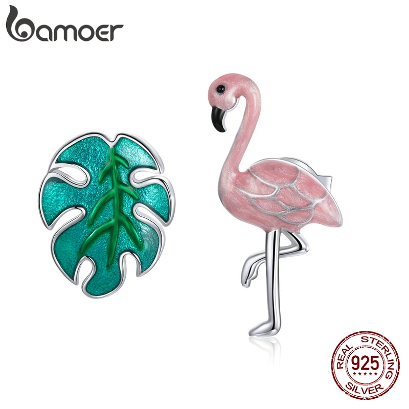 Bamoer Flamingo 和 Leaf 耳環 100% 純銀 925 女士防過敏時尚首飾 SCE1124
