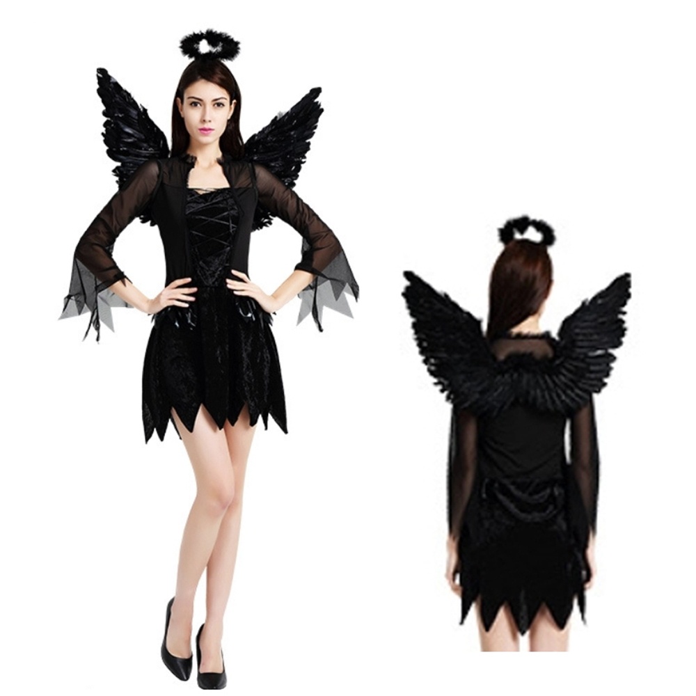 萬聖節服裝 大人 黑色天使連身洋裝+天使光環髮箍+翅膀 連身裙 裙子 現貨 角色扮演 【p0061230897111】