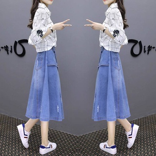 夏季新款女套裝 韓版寬鬆休閒牛仔裙印花格子襯衫兩件套 女生兩件式套裝裙