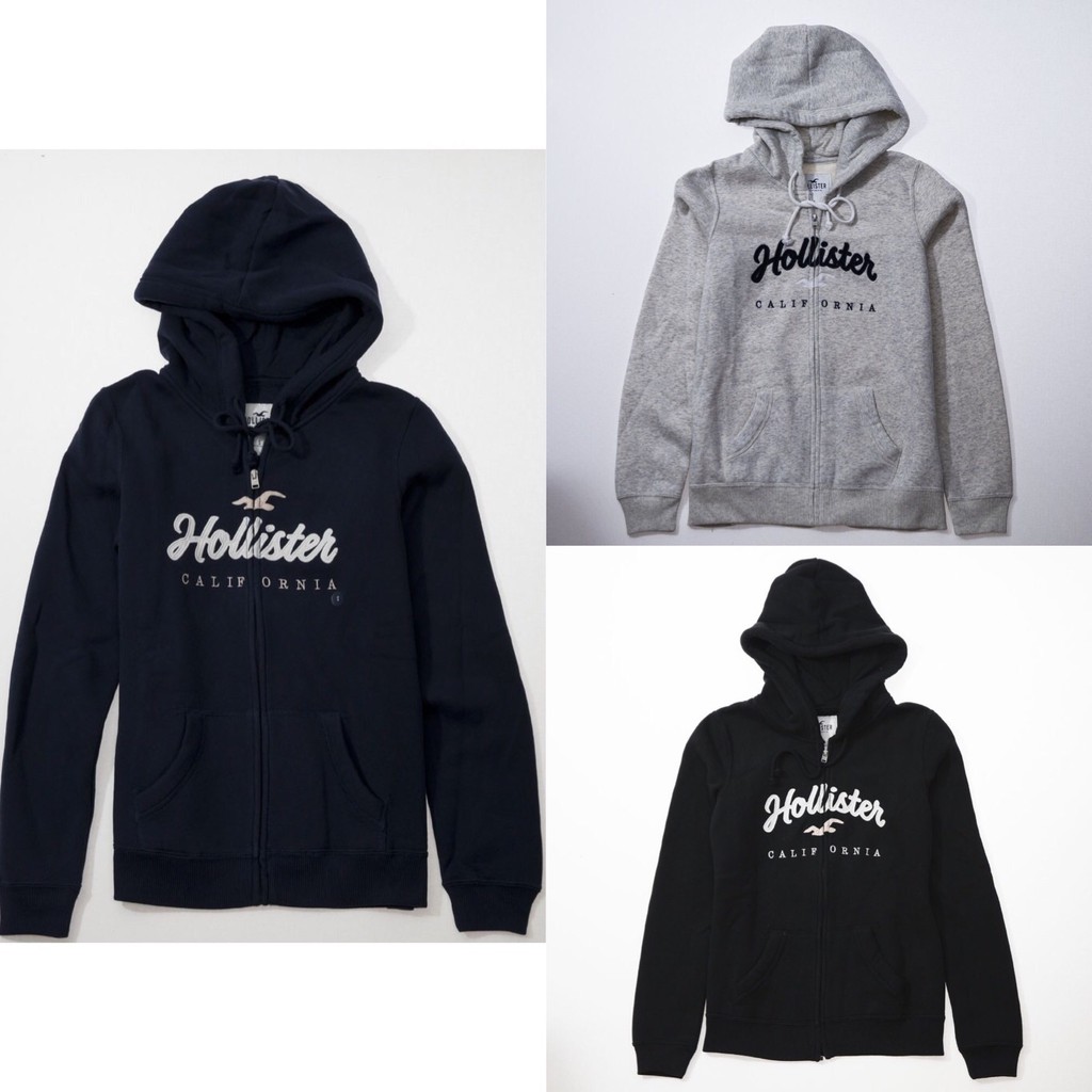 Hollister HCO女版海鷗粉LOGO草寫文字刺繡設計連帽外套 黑/深藍/雪花灰