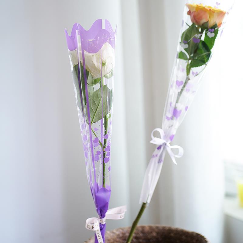 超讚❦❦玫瑰花單支套袋花店花朵包裝套紫色愛心印花塑料袋花袋雙支鮮花袋