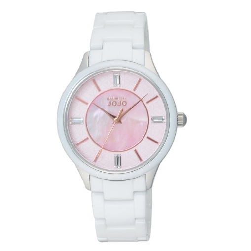 【NATURALLY JOJO】優雅時尚陶瓷腕錶 白框銀殼粉紅貝面白陶瓷 JO96970-10F
