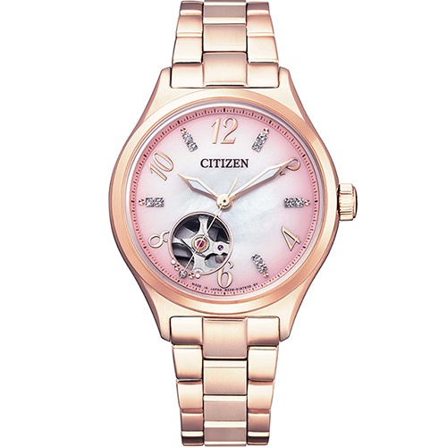 CITIZEN星辰 淑女魅力水晶鏤空機械女腕錶(PC1005-87X)-玫瑰金x櫻花粉