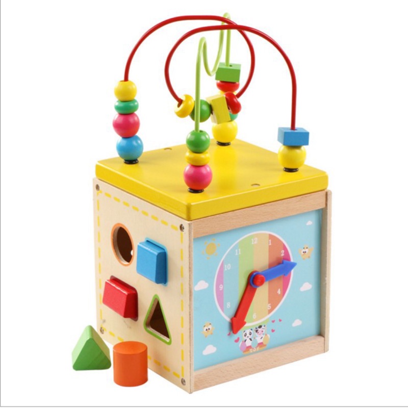 木制五合一百寶箱 多功能繞珠玩具盒 兒童益智玩具 形狀配對 時鐘玩具 早教玩具