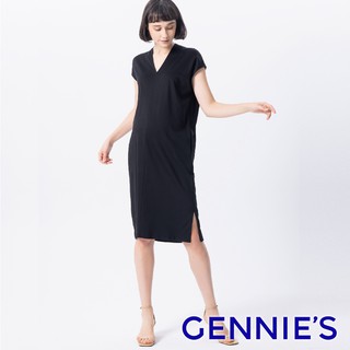 【Gennies 奇妮】知性小V領拼接孕婦洋裝-黑(T1L09)