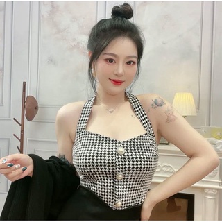 💕甜心大尺碼💕大尺碼 繞脖性感上衣微胖大碼女裝法式千鳥格掛脖上衣氣質收腰顯瘦上衣
