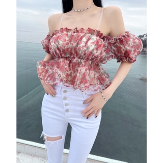 🇰🇷Korea韓國連線·正韓 ㄧ字領平口碎花雪紡上衣 露肩 澎袖 blouse 公主袖 碎花上衣 韓國代購 東大門