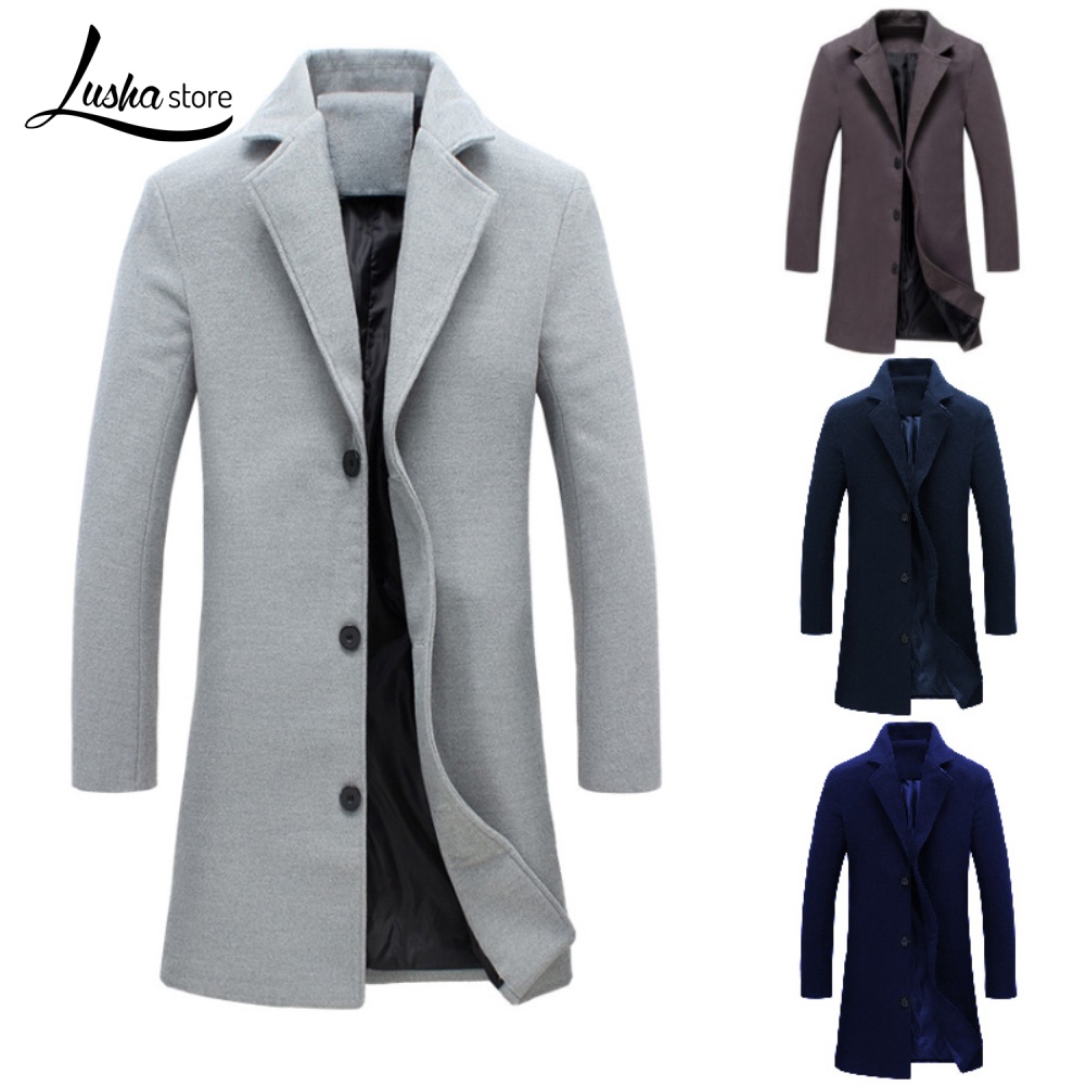 Lush【熱賣】時尚男士冬季純色長羊毛大衣單排扣外套大衣 大码休闲风格外套