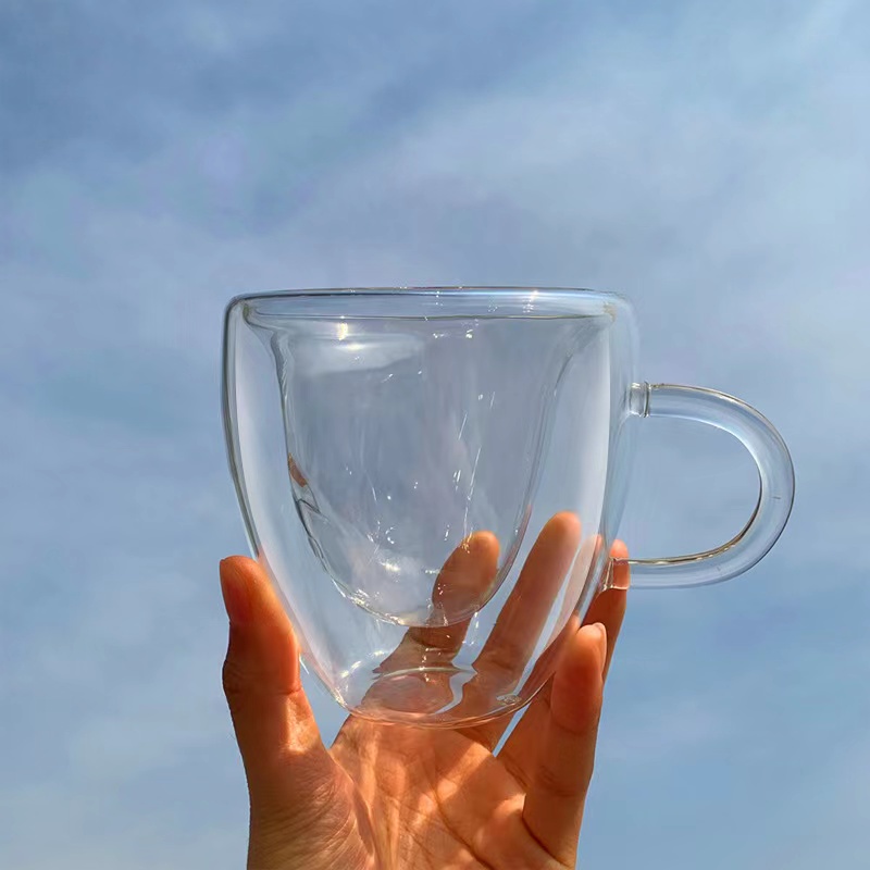 【台灣現貨】ins風玻璃杯 咖啡杯 辦公室水杯 飲料杯 果汁杯 下午茶杯子 雙層隔溫杯 愛心玻璃杯 杯 水壺 帶把茶杯