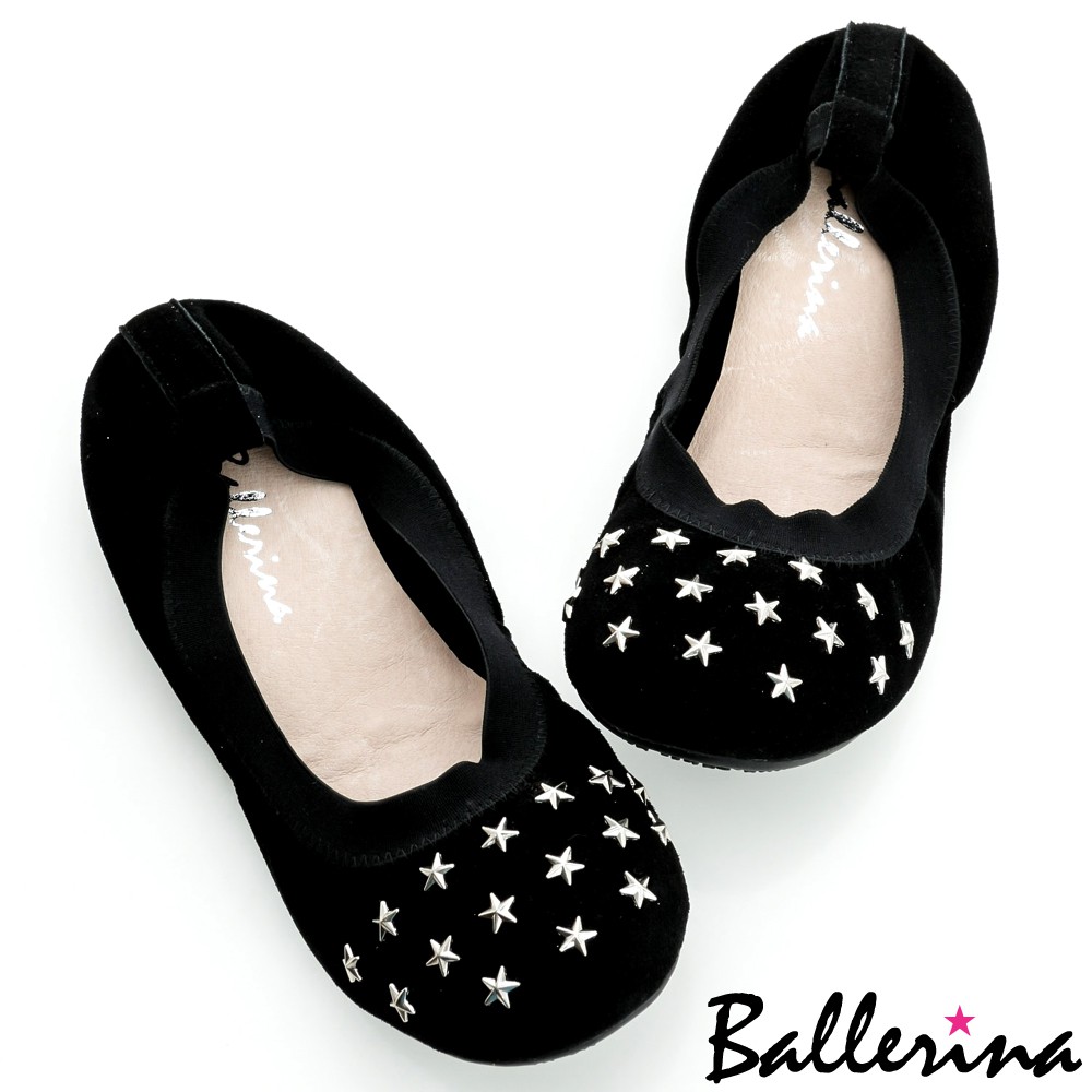 Ballerina-柔軟彎曲．全真皮星星鉚釘折疊娃娃鞋-黑【BD500247BK】